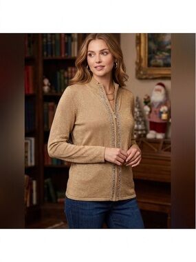 Fontana Gold Embellished Sparkle Rhinestone Zip-Up Sweater NWT 119.00